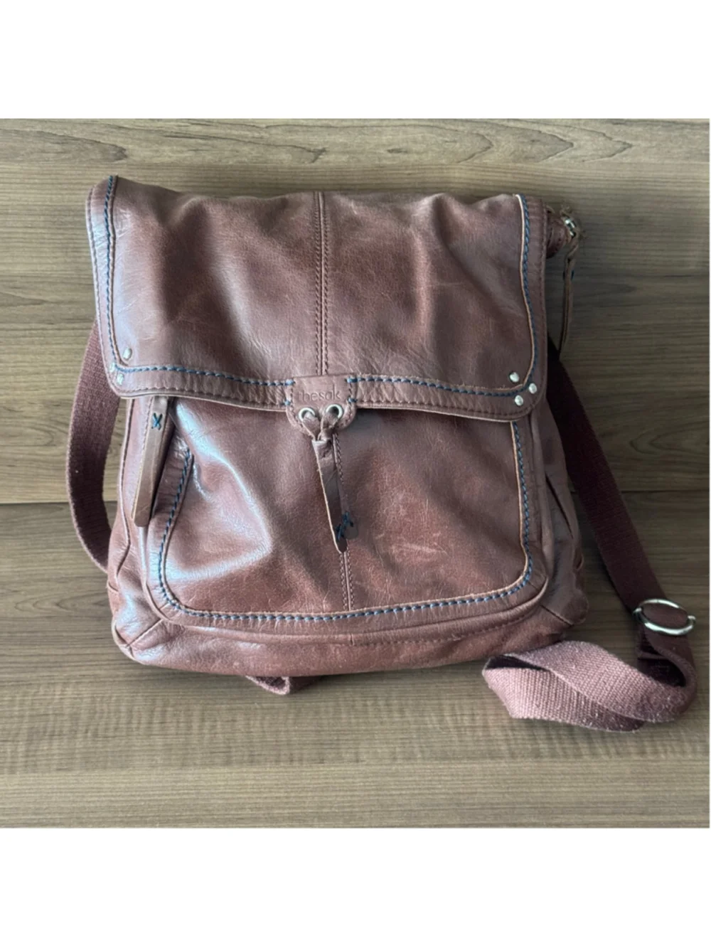 The Sak Brown Leather Distress Convertible Backpack Boho Crossbody Bag Foldover